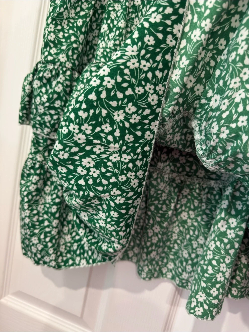 Green and White Ditsy Floral Print Tiered Layered Ruffle Effect Skirt